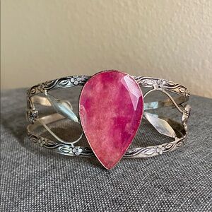 Statement Silver Tone Cuff Bracelet with Large Pink Stone – Artisan Style (L)
